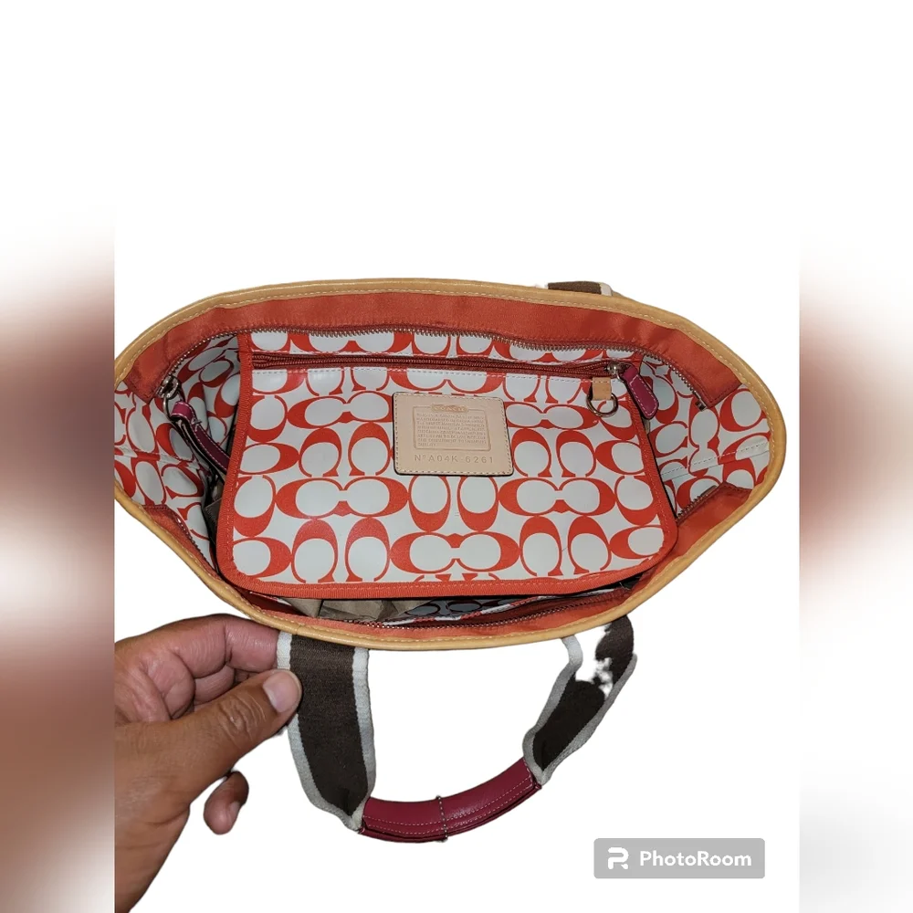 Coach Orange Canvas Tote with Brown Straps and Pink Trim